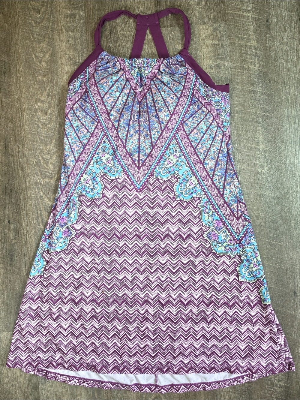 Prana Quinn Racerback Shelf Bra Midi Dress Women's L Purple Teal Grapevine Samba - Picture 6 of 12